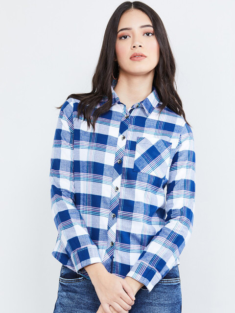 

max Women Blue & White Regular Fit Checked Casual Shirt
