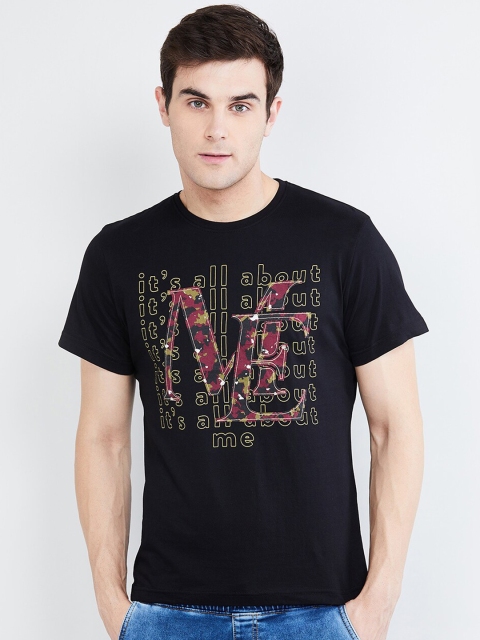 

max Men Black Printed Round Neck T-shirt