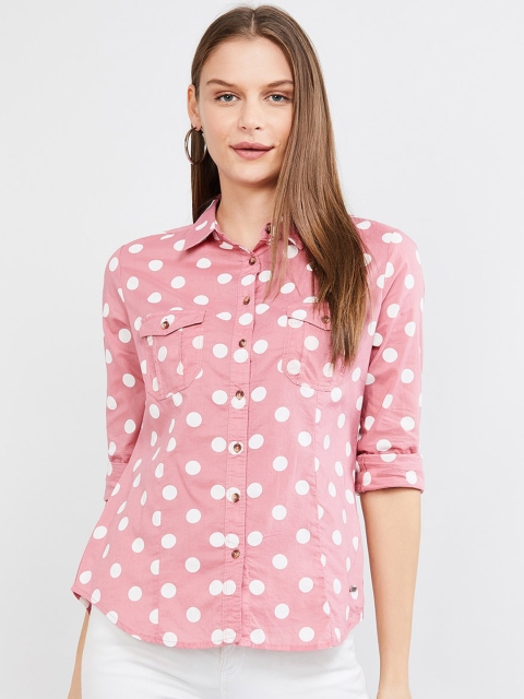

max Women Pink & White Regular Fit Polka Dot Printed Casual Shirt