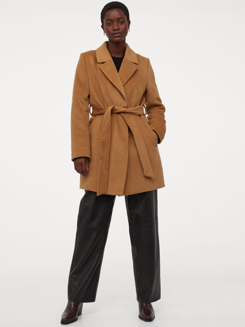 

H&M Women Beige Solid Faux Fur-Collared Coat
