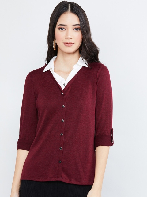 

max Women Maroon Solid Shirt Style Top