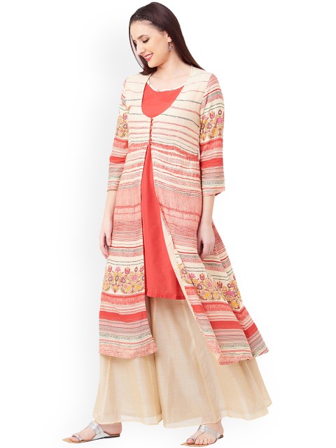 

IMARA Women Beige & Orange Printed A-Line Kurta