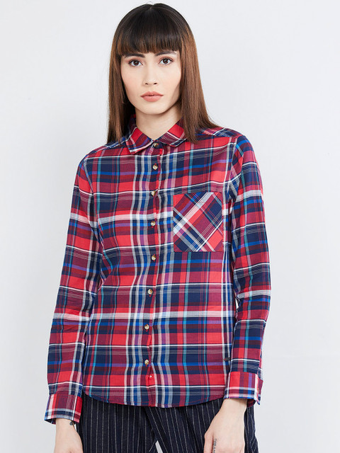 

max Women Red & Blue Regular Fit Checked Casual Shirt
