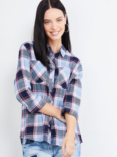 

max Women Blue & Grey Regular Fit Checked Casual Shirt