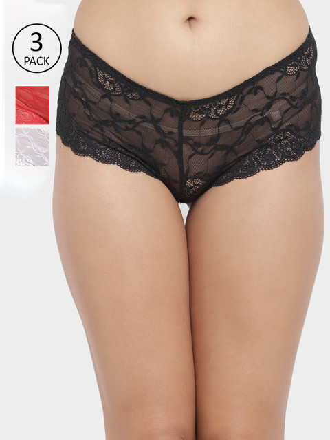 

N-Gal Women Pack Of 3 Self-design Sheer Lace Boy Shorts NTDT17, White