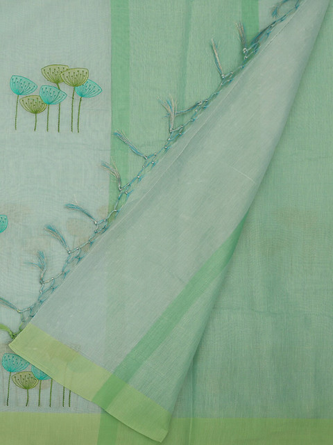 

Pothys Green Embroidered Linen Blend Saree
