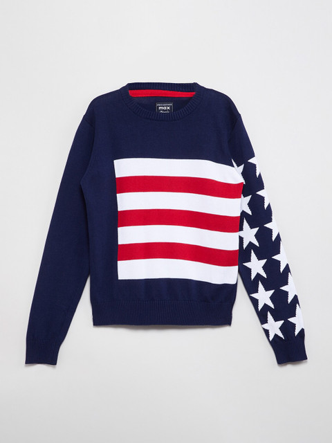 

max Boys Navy Blue Printed Pullover Sweater