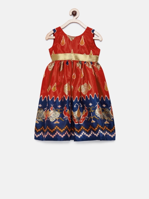

MANY FROCKS & Girls Red Printed Fit and Flare Dress