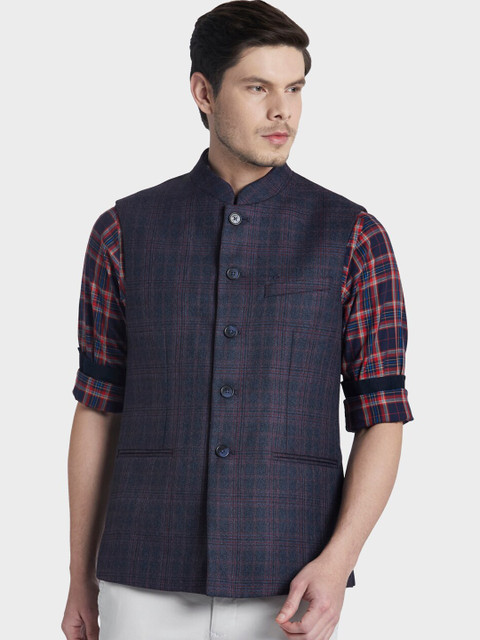 

ColorPlus Men Navy Blue Checked Nehru Jacket