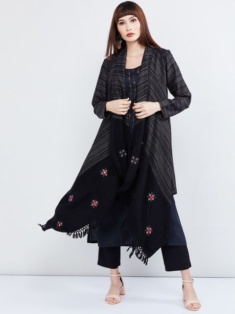 

max Women Grey & Black Self Design Open Front Shrug
