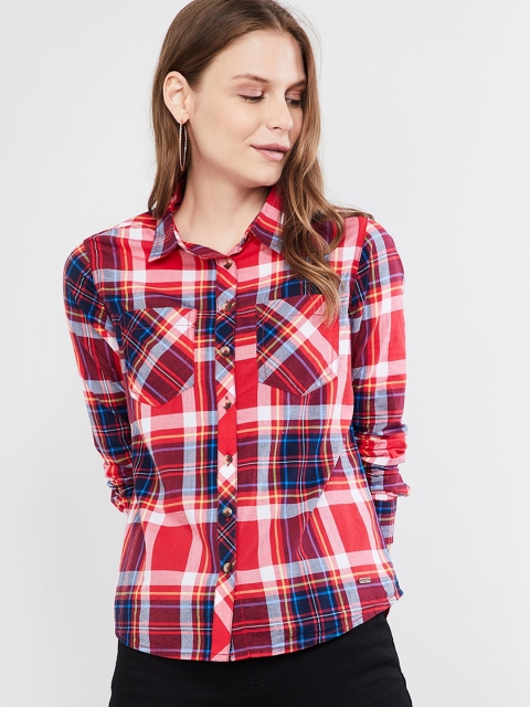

max Women Red & Blue Regular Fit Checked Casual Shirt