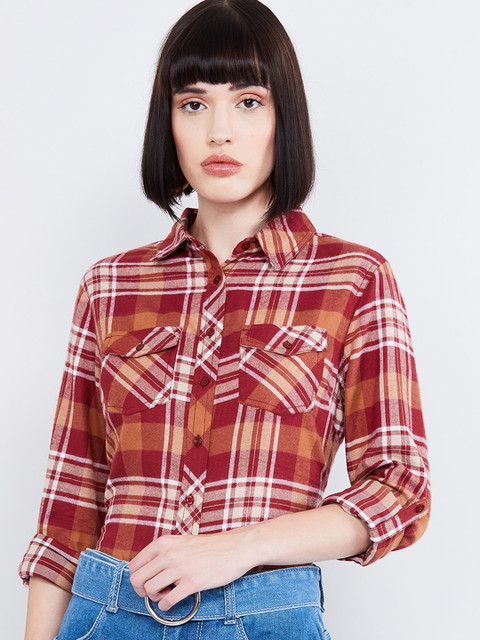 

max Women Red & Orange Regular Fit Checked Casual Shirt