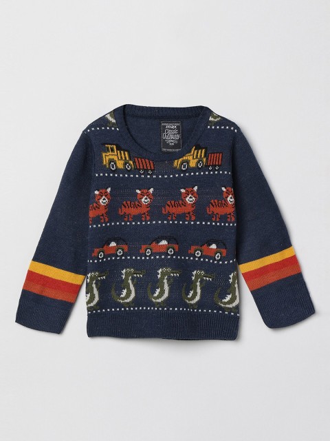 

max Boys Navy Blue Printed Pullover Sweater