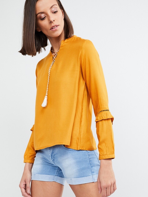 

max Women Mustard Yellow Solid Tie-Up Neck Top