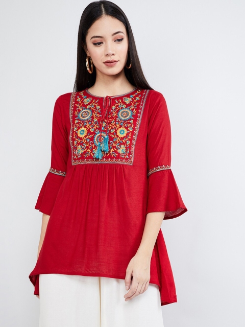

max Women Red & Blue Embroidered Tunic