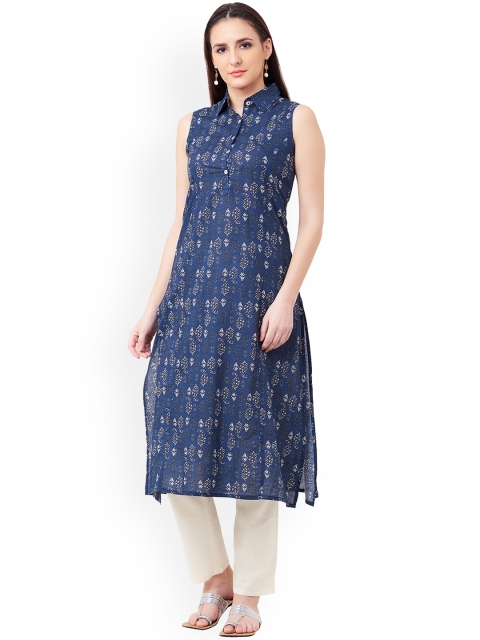 IMARA Women Navy Blue Printed A-Line Kurta