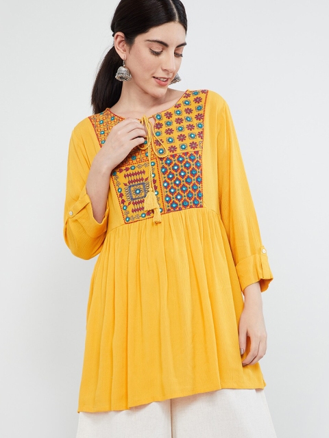 

max Women Yellow Embroidered Tunic, Mustard