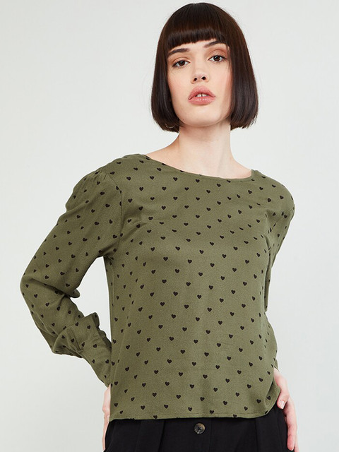 

max Women Olive Green & Black Hearts Printed Top