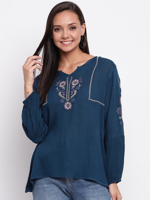 

Mayra Women Blue Embroidered Blouson Top