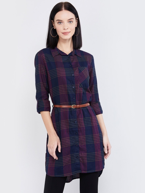 

max Women Navy Blue & Purple Regular Fit Checked Longline Casual Shirt
