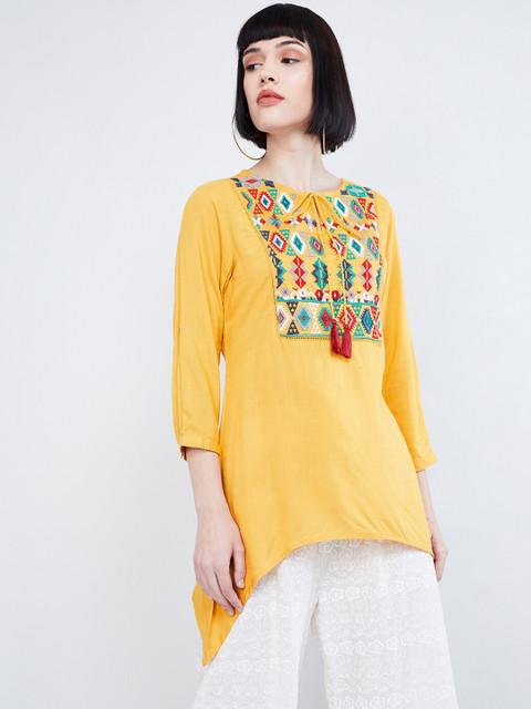 

max Women's Yellow & Blue Embroidered Tunic