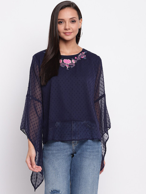 

Mayra Women Navy Blue Self Design Kaftan Top
