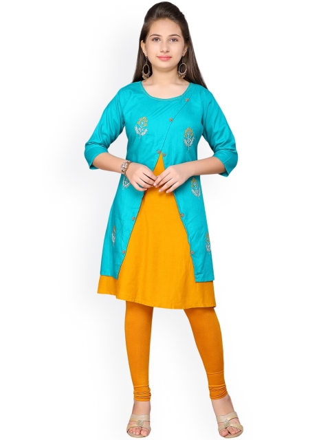 

Aarika Girls Turquoise Blue & Yellow Embroidered A-Line Kurta