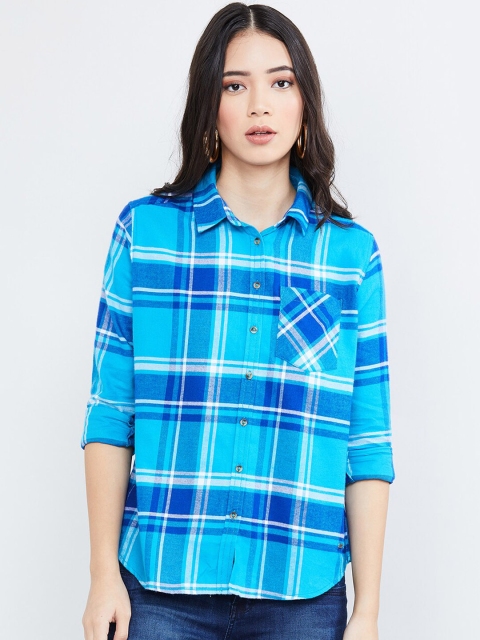 max Women Blue & White Regular Fit Checked Casual Shirt