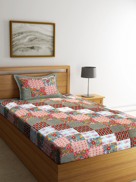 

Rajasthan Decor Multicoloured Floral 144 TC Cotton 1 Single Bedsheet with 1 Pillow Cover, Multi