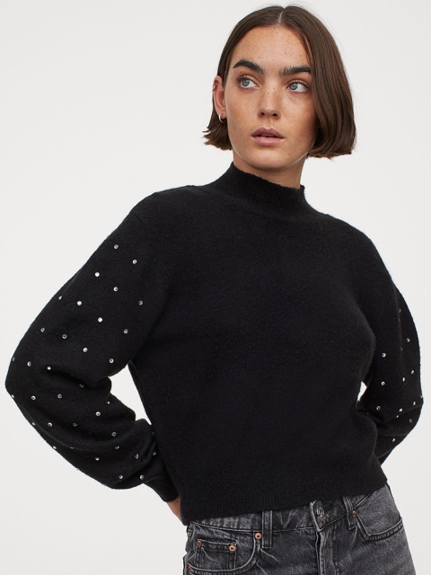 

H&M Women Black Solid Rhinestone-Studded Jumper