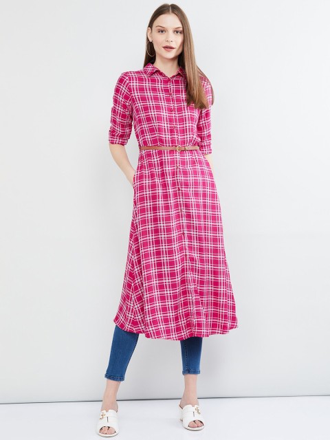 

max Women Pink & White Regular Fit Checked Longline Shirt