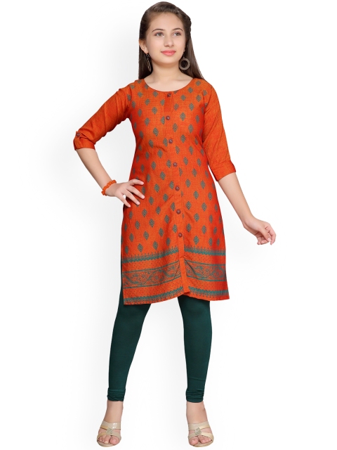 

Aarika Girls Orange & Green Printed Straight Kurta