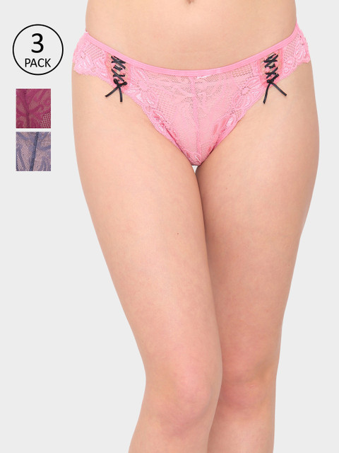 

N-Gal Women Pack Of 3 Self-Design Adjustable Waist Lace Thong Briefs NTDT10, Pink