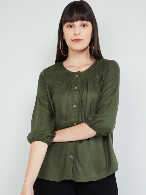 

max Women Olive Green Solid Shirt Style Top