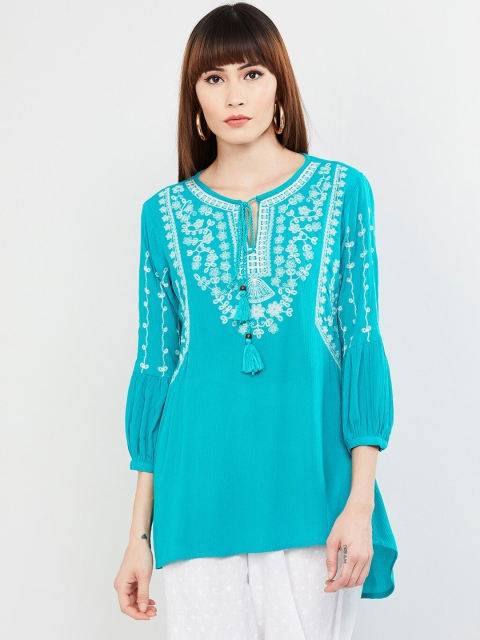 

max Women Turquoise Blue Embroidered Tunic