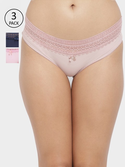 

N-Gal Women Pack Of 3 Solid Floral Lace Edge Bikini Briefs NTDT19, Blue