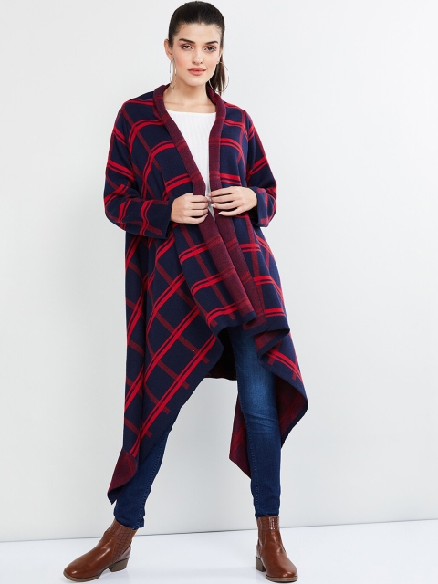 

max Women Navy Blue & Red Checked Open Front Shrug
