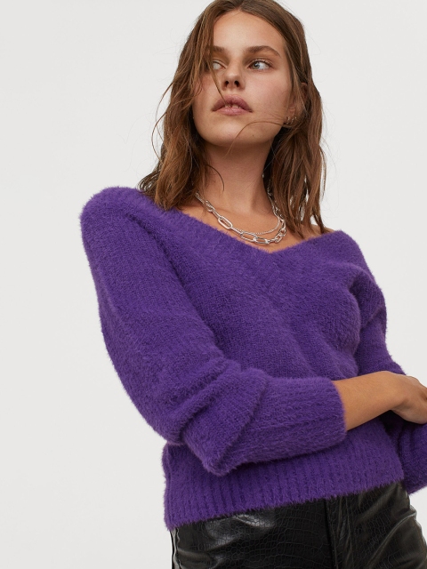 

H&M Women Purple V Neck Jumper