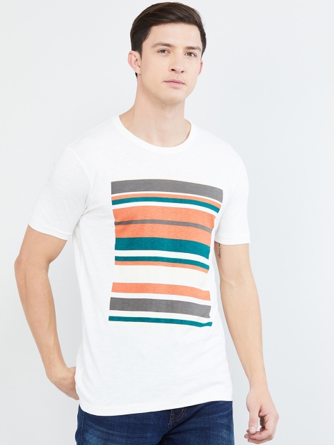 

max Men White & Orange Striped Round Neck T-shirt