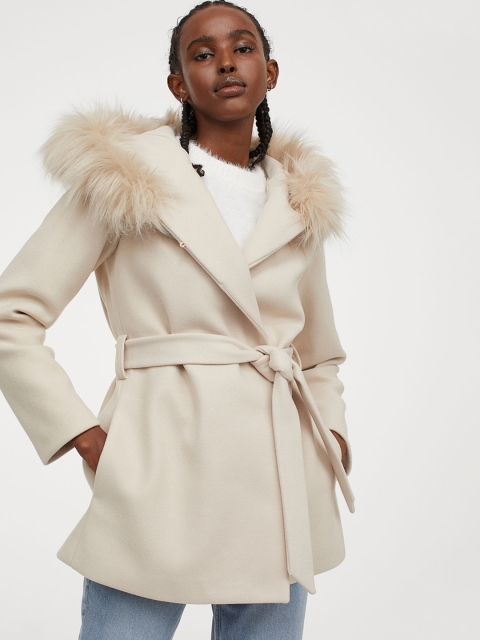 

H&M Women Cream Solid Hooded Jacket