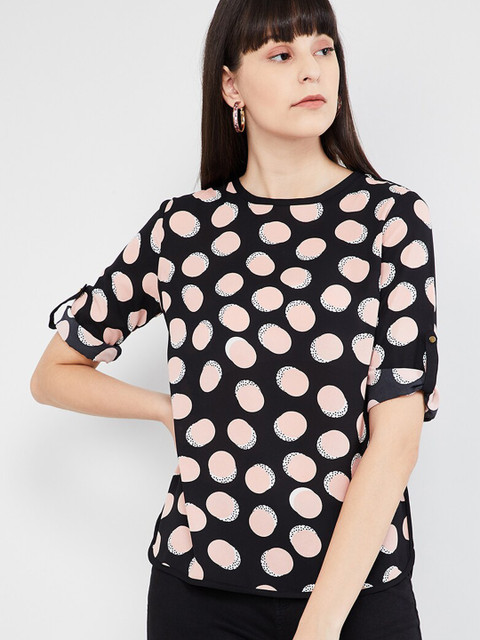 

max Women Black & Pink Polka Dot Printed Top