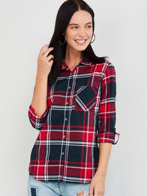 max Women Blue & Red Regular Fit Checked Casual Shirt