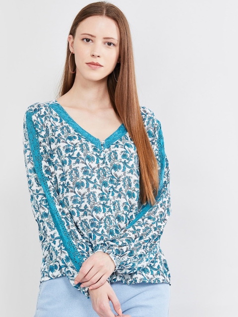 

max Women Off-White & Blue Floral Print Top With Lace