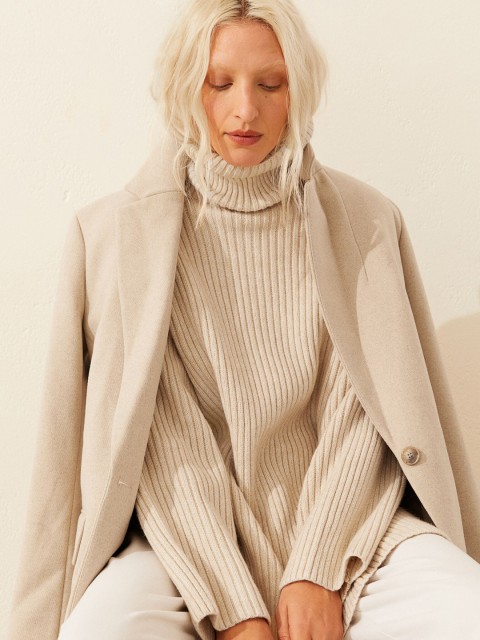 

H&M Ribbed polo-neck Sustainable Jumper, Beige
