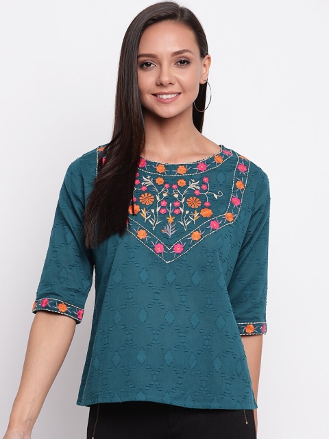 

Mayra Women Green Embroidered Pure Cotton Top