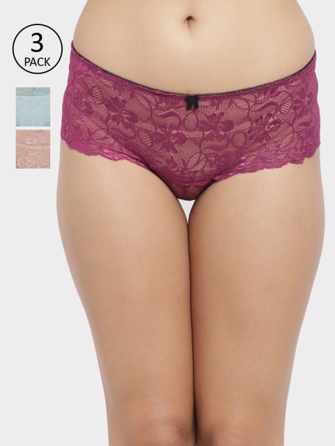 

N-Gal Women Pack Of 3 Self-Design Erotic Sheer Lace Knickers Boy Shorts NTDT18, Burgundy