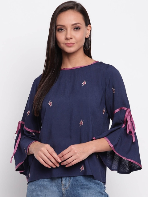 

Mayra Women Blue Embroidered Top