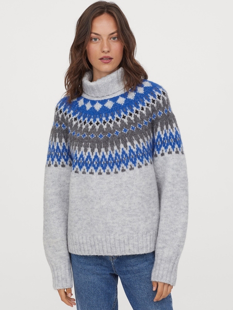 

H&M Women Grey & Blue Jacquard-Knit Polo-Neck Jumper