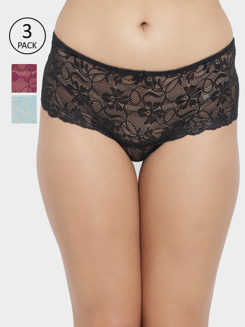 

N-Gal Women Pack Of 3 Self-Design Erotic Sheer Lace Knickers Boy Shorts NTDT18, Black