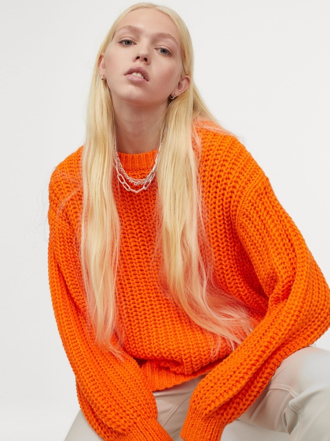 

H&M Women Orange Solid Chunky-Knit Jumper